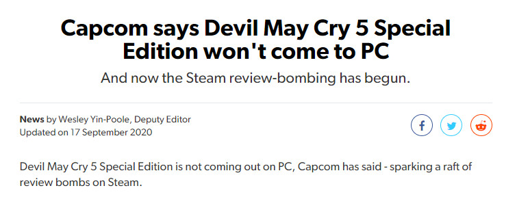 《鬼泣5特别版》不会登陆PC  Steam评论区炸了插图1 《鬼泣5特别版》不会登陆PC Steam迎来差评轰炸