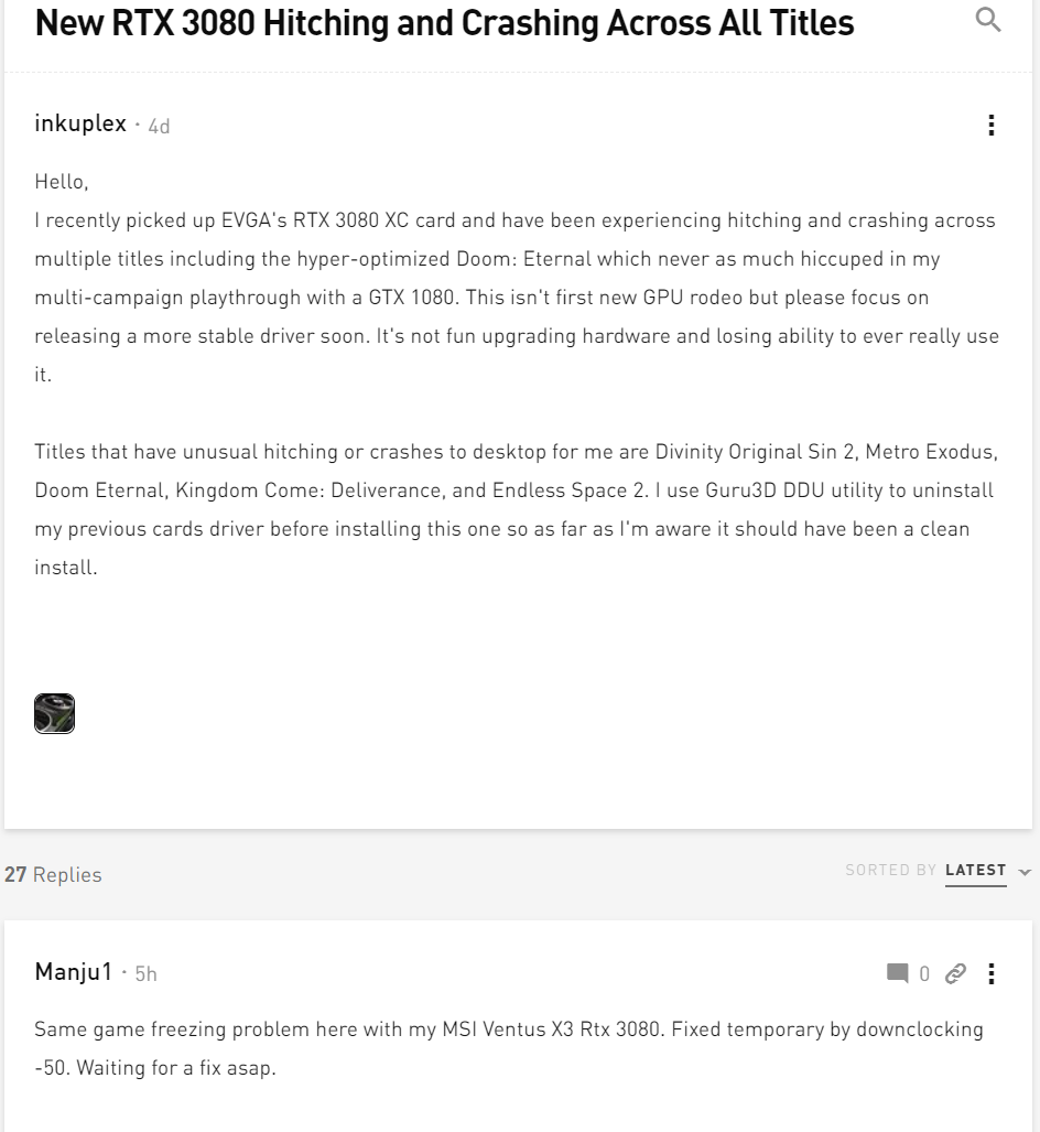 RTX 3080用户反映:玩游戏时出现崩溃和黑屏插图 英伟达RTX 3080用户反映:玩游戏时出现崩溃和黑屏