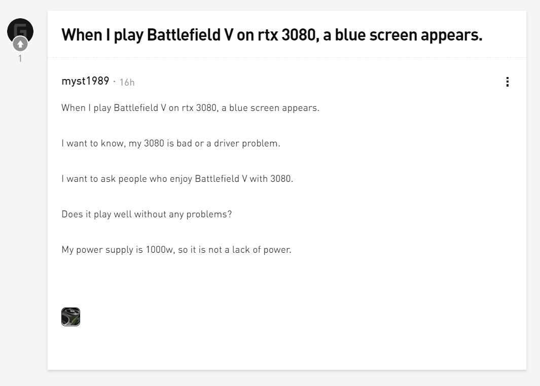 RTX 3080用户反映:玩游戏时出现崩溃和黑屏插图2 英伟达RTX 3080用户反映:玩游戏时出现崩溃和黑屏