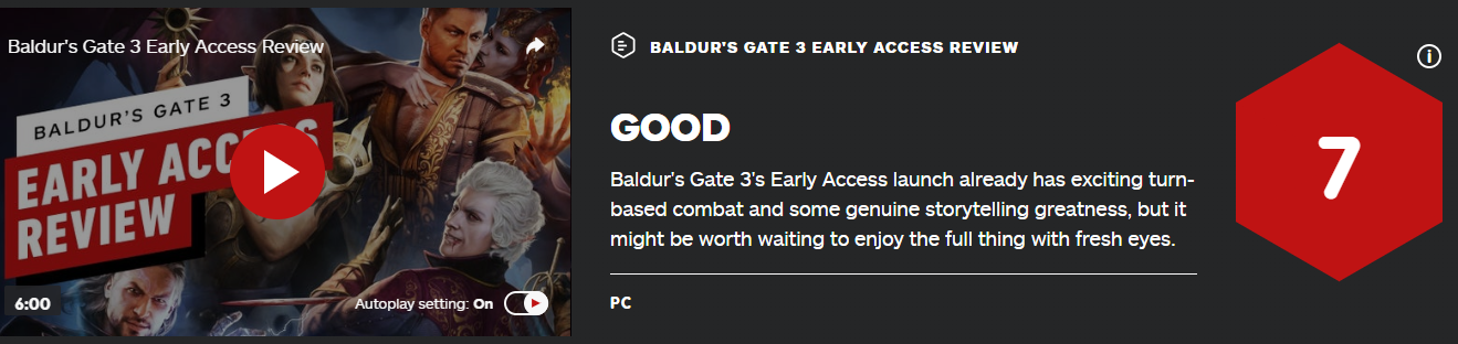 《博德之门3》抢先体验版IGN评7分：期待完整版