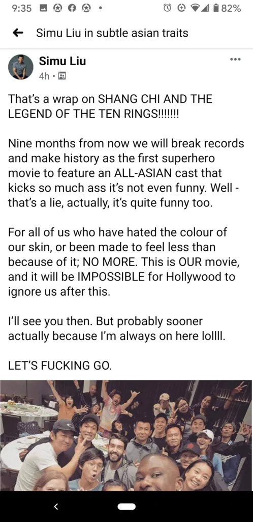 刘思慕长文庆祝《尚气》杀青：好莱坞将不再忽视亚裔