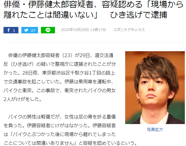 日本演员伊藤健太郎交通肇事罪被捕插图1 日本演员伊藤健太郎涉嫌交通肇事逃逸被捕 本人已认罪