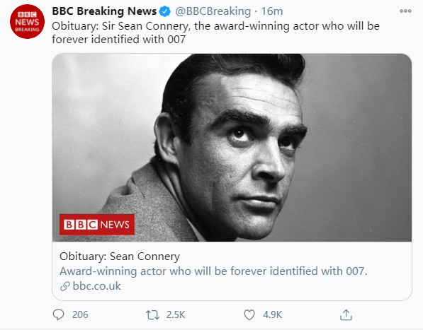 “首任007”肖恩·康纳利去世 享年90岁