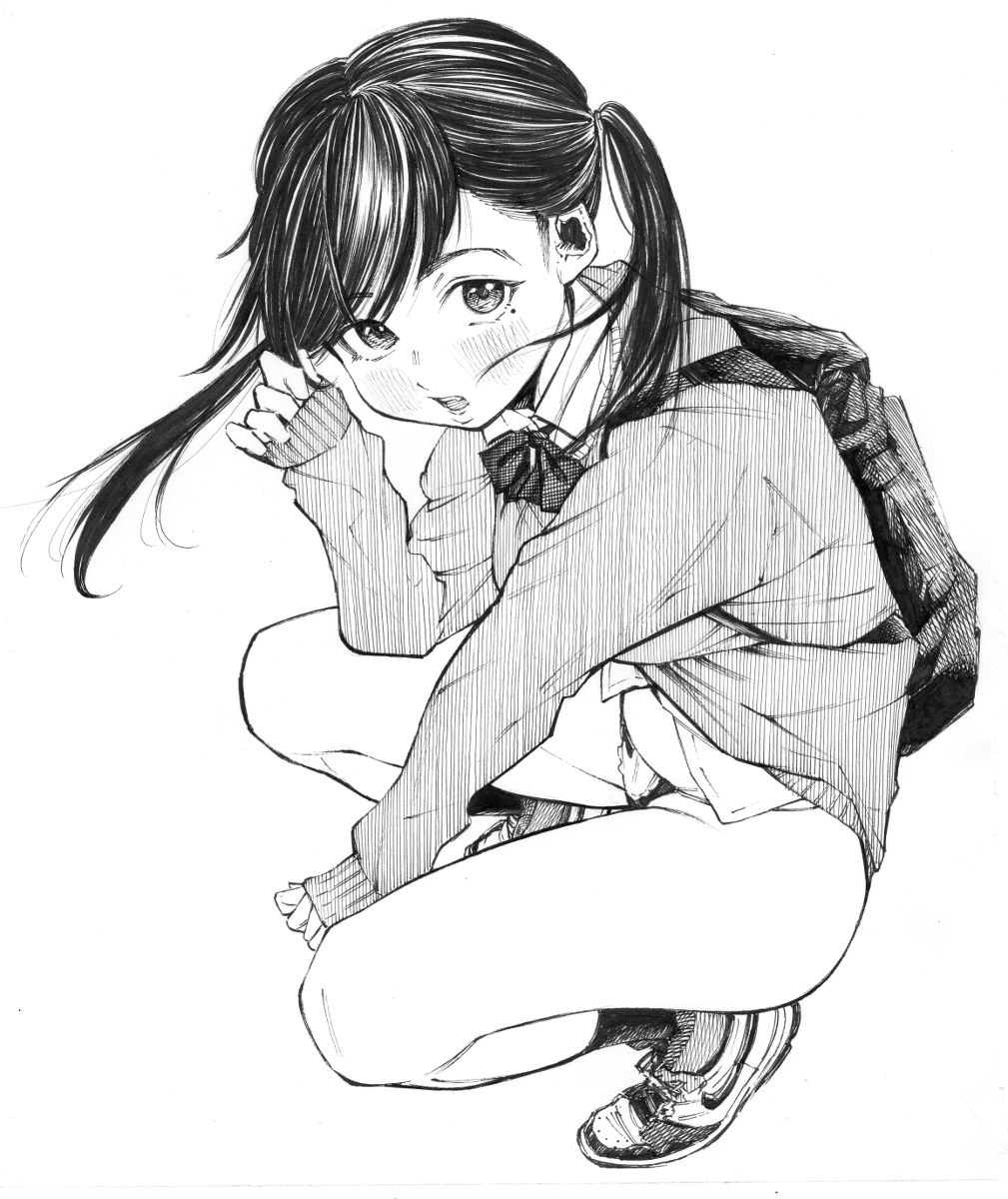 每日好图：P站#黑白手绘风#女子高中生#JK#插画欣赏【画师：ガガイモ】