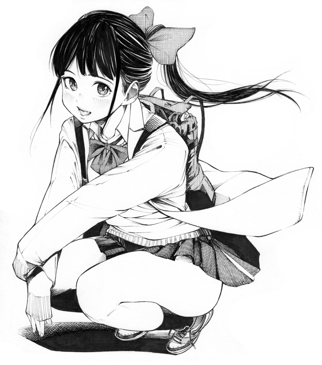每日好图：P站#黑白手绘风#女子高中生#JK#插画欣赏【画师：ガガイモ】