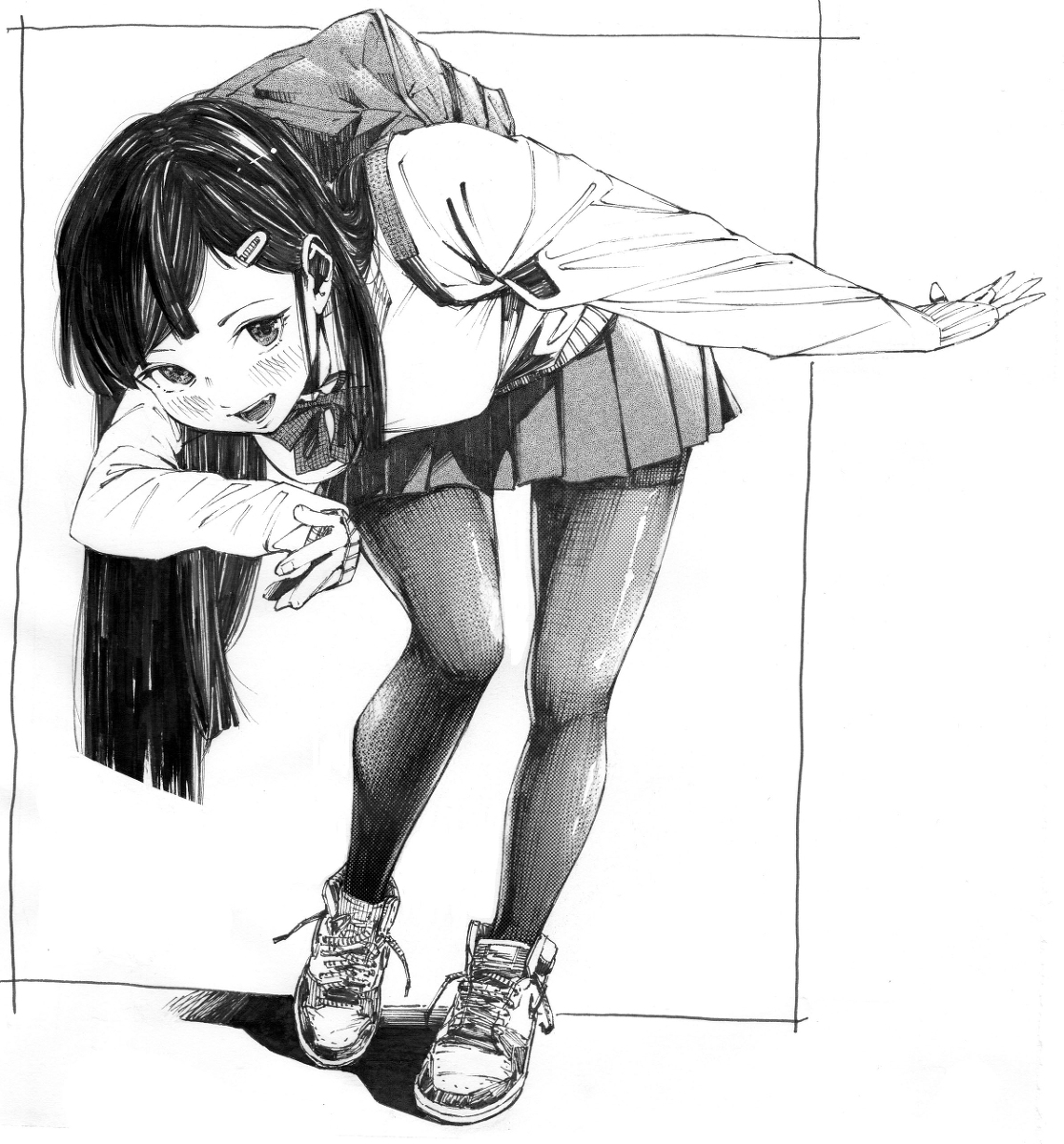 每日好图：P站#黑白手绘风#女子高中生#JK#插画欣赏【画师：ガガイモ】