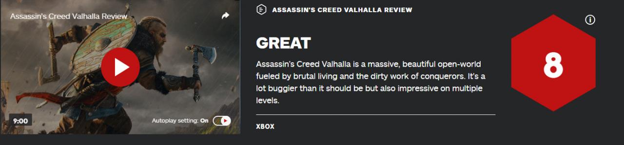 《刺客信条：英灵殿》媒体评分出炉 IGN打出8分