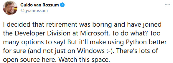 Python创始人加入微软:退休太无聊插图1 Python创始人加入微软开发部门:退休生活太无聊了