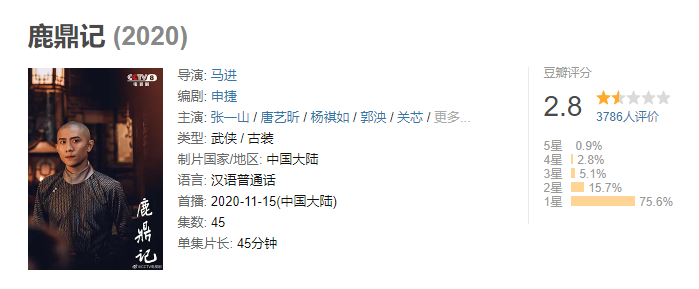 张一山版《鹿鼎记》被炮轰像猴戏:豆瓣得分仅2.8分插图 新《鹿鼎记》豆瓣仅2.8分 网友:韦小宝演得像猴子