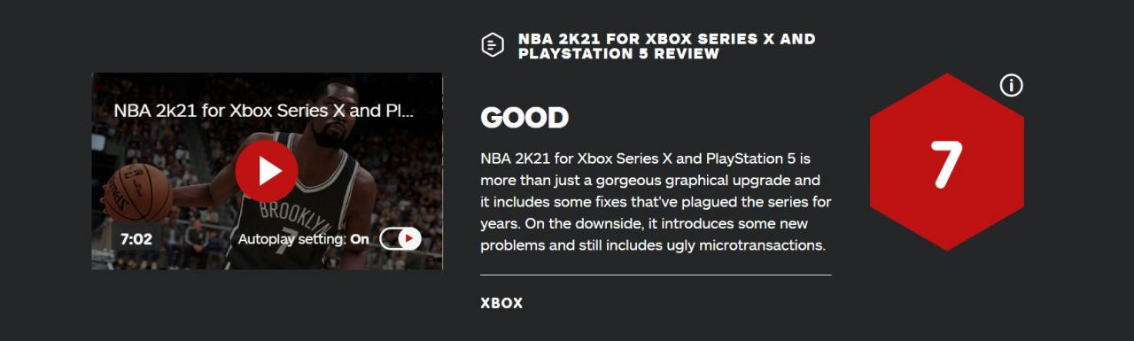 《NBA 2K21》IGN评分:7分,画面虽好,但玩法依赖氪金插图1 《NBA 2K21》次世代版 IGN 7分:画面超棒 MC严重依赖氪金