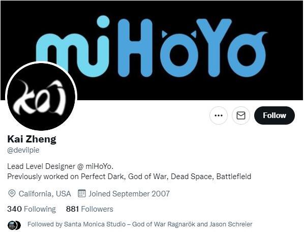 原《战神》设计师加入米哈游，出任《原神》首席关卡设计师