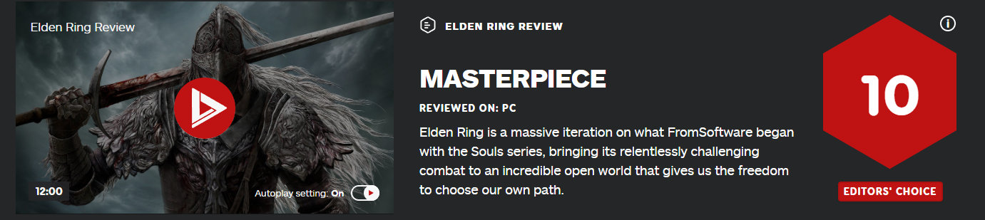 《艾尔登法环》媒体评分解禁，IGN 等多家媒体：满分神作