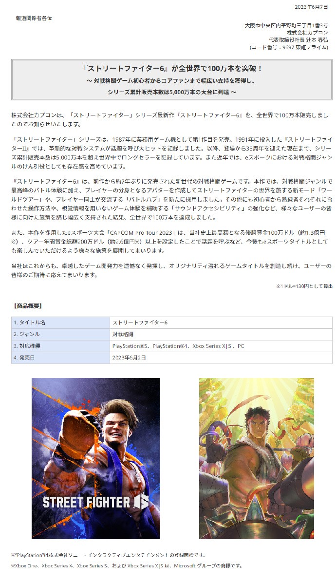 《街头霸王6》发售5天全球销量突破100万份